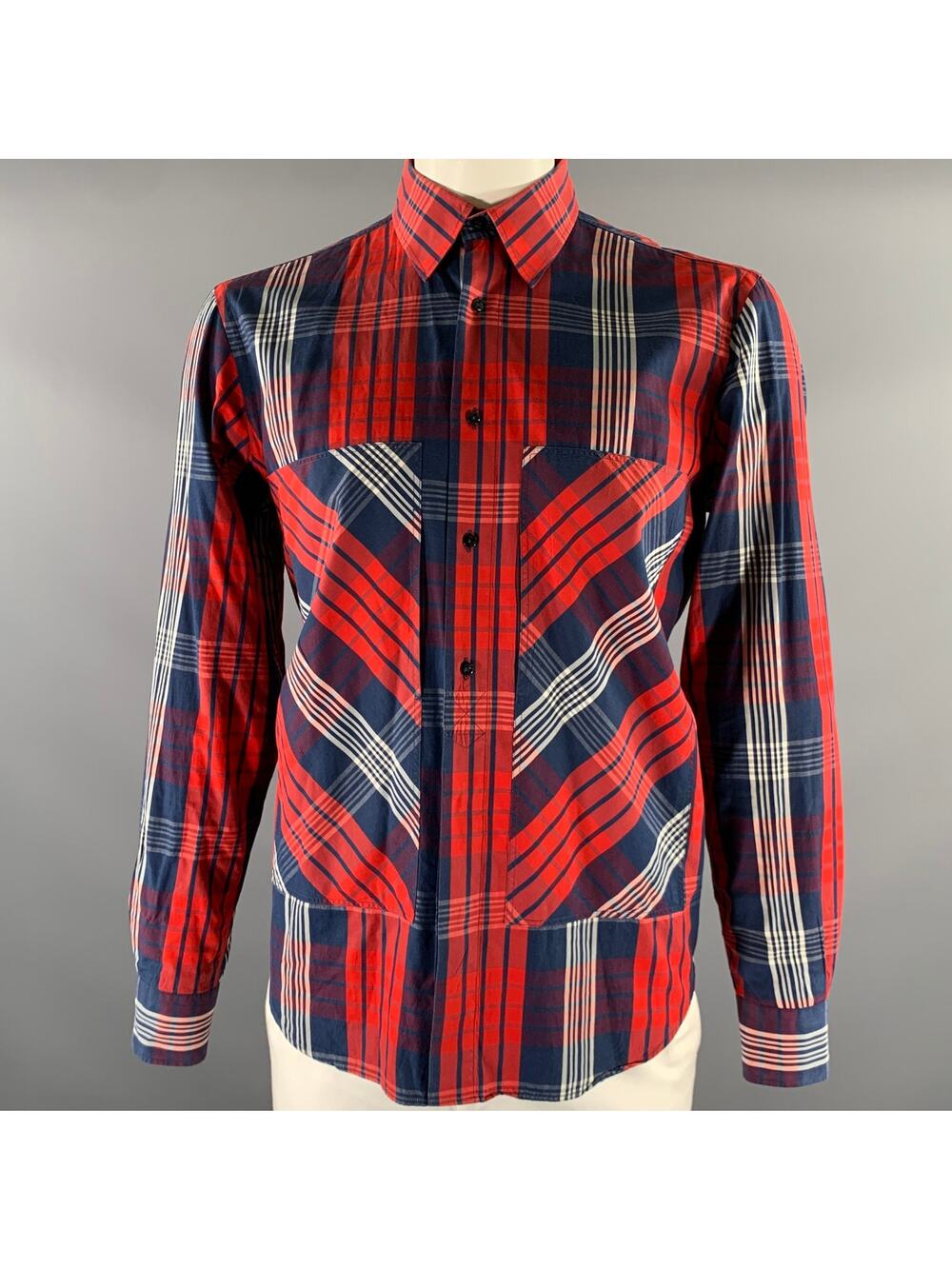 ADAM KIMMEL Size L Red Navy Cream Tartan Cotton Long Sleeve Shirt